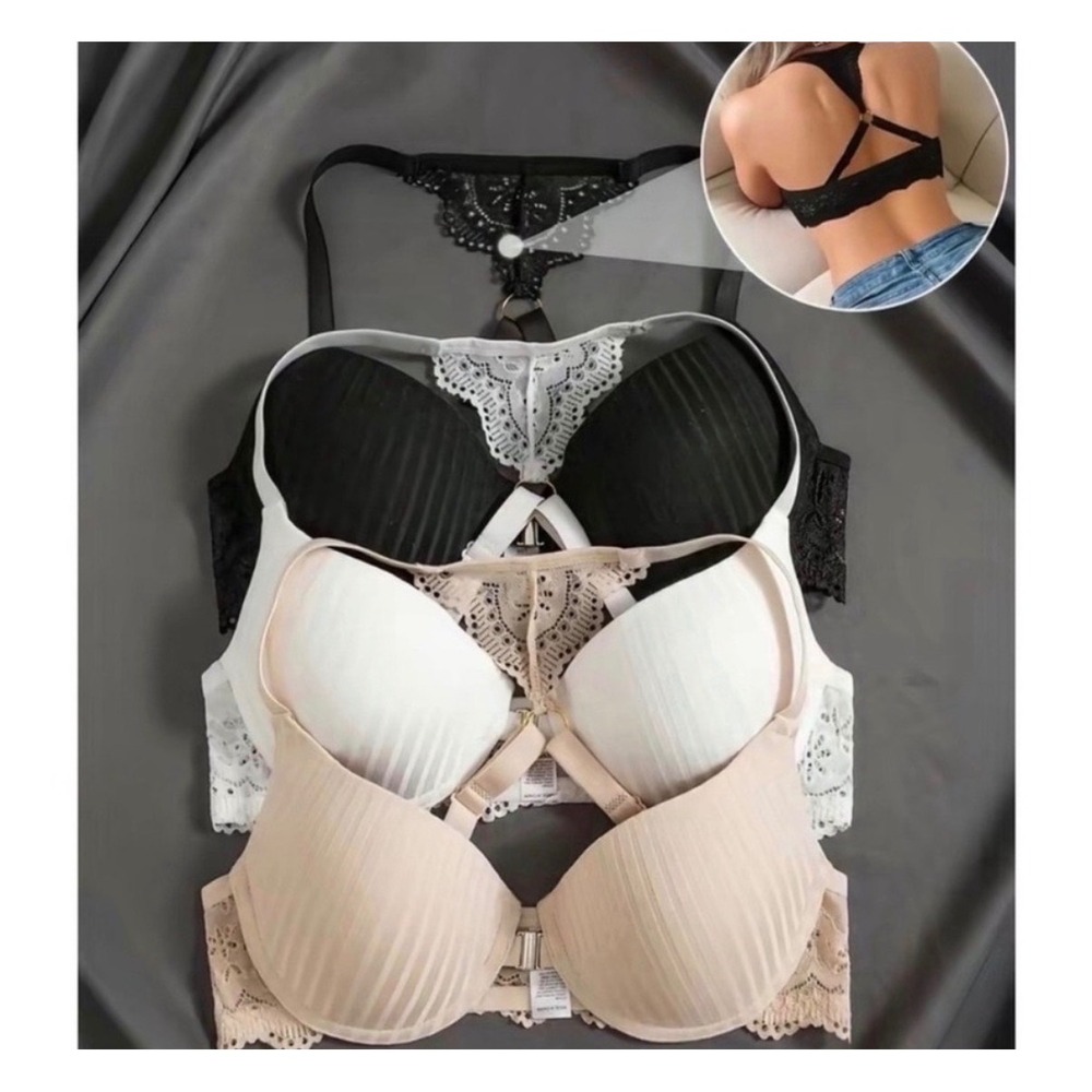 3pcs Elegant Lace Front Closure Push-Up Bra Set – White, Black & Nude (36B US)